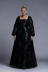 Curveins Plus Size Square Neck Long Sleeve Striped Sequin A-Line Maxi Dress