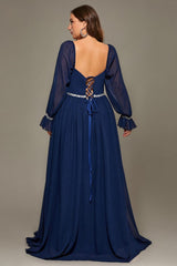 Curveins Plus Size Square Neck Long Sleeve Maxi Dress with Ruched Waist