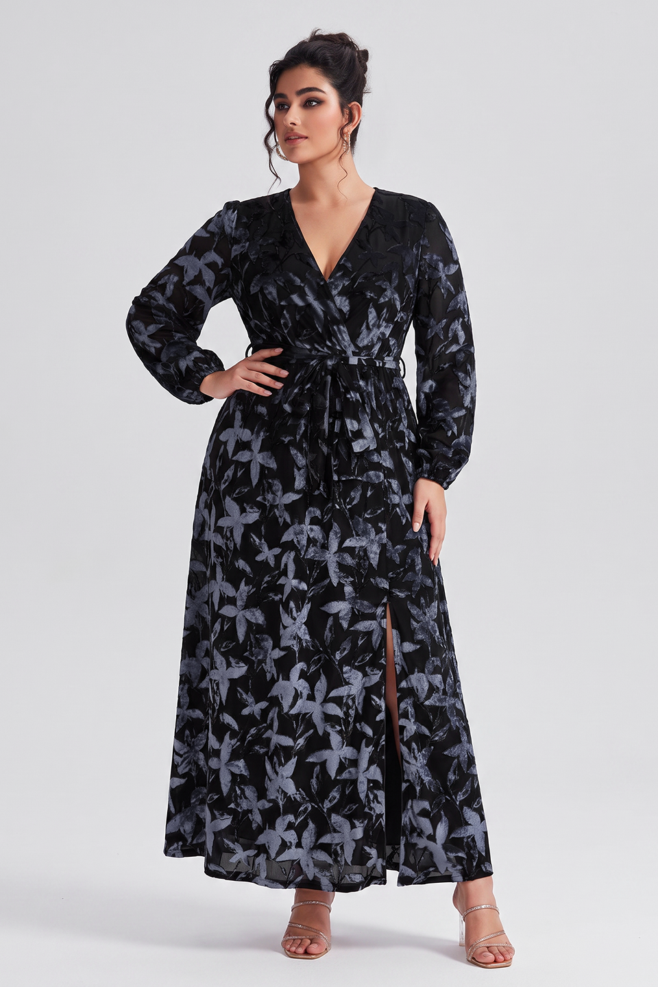 Curveins Plus Size V Neck Long Sleeve Maple Leaf Velvet Waist Tie Maxi Dress