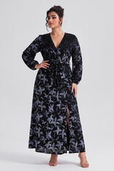 Curveins Plus Size V Neck Long Sleeve Maple Leaf Velvet Waist Tie Maxi Dress