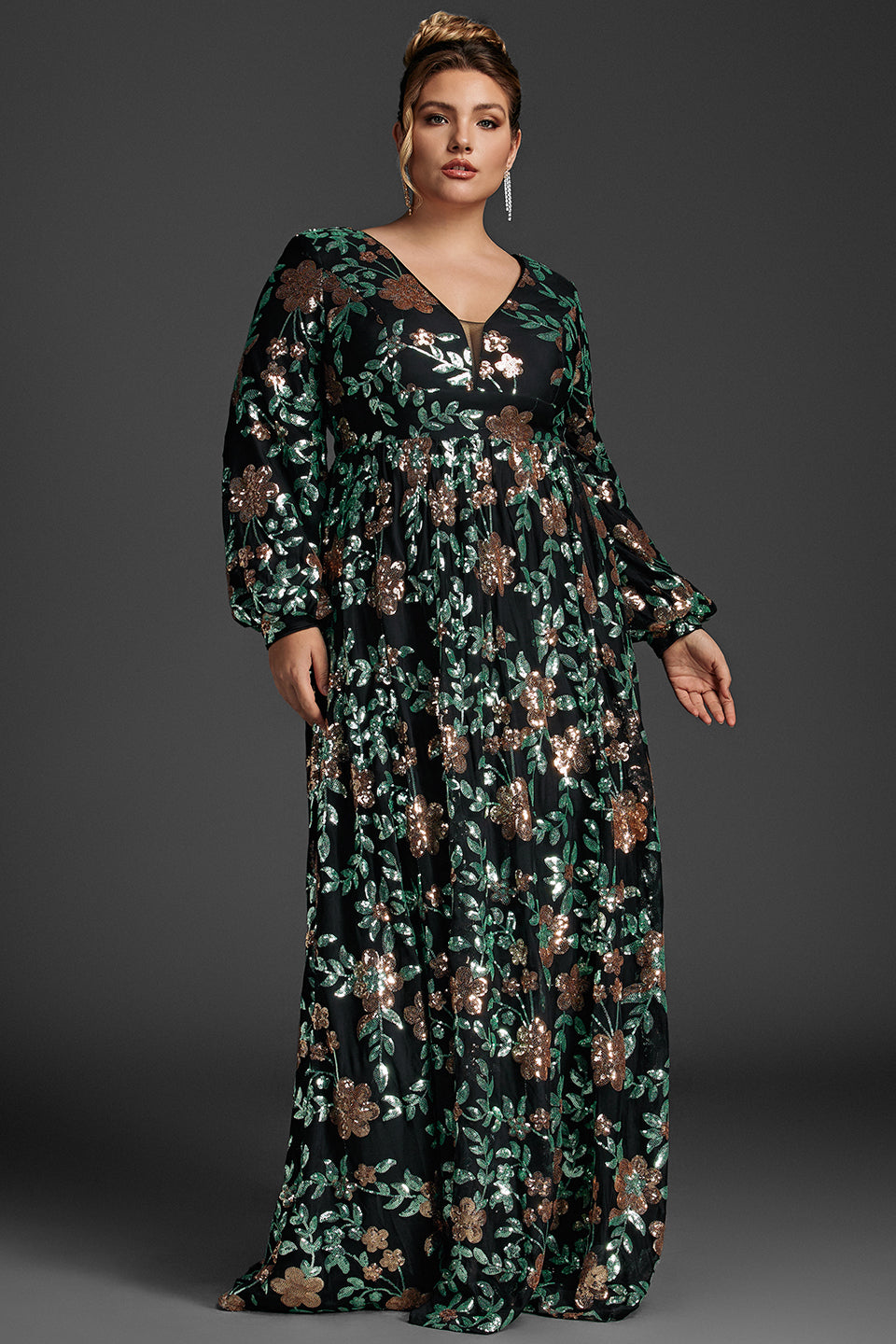 Curveins Plus Size V-Neck Sequin Lantern Sleeve Maxi Dress