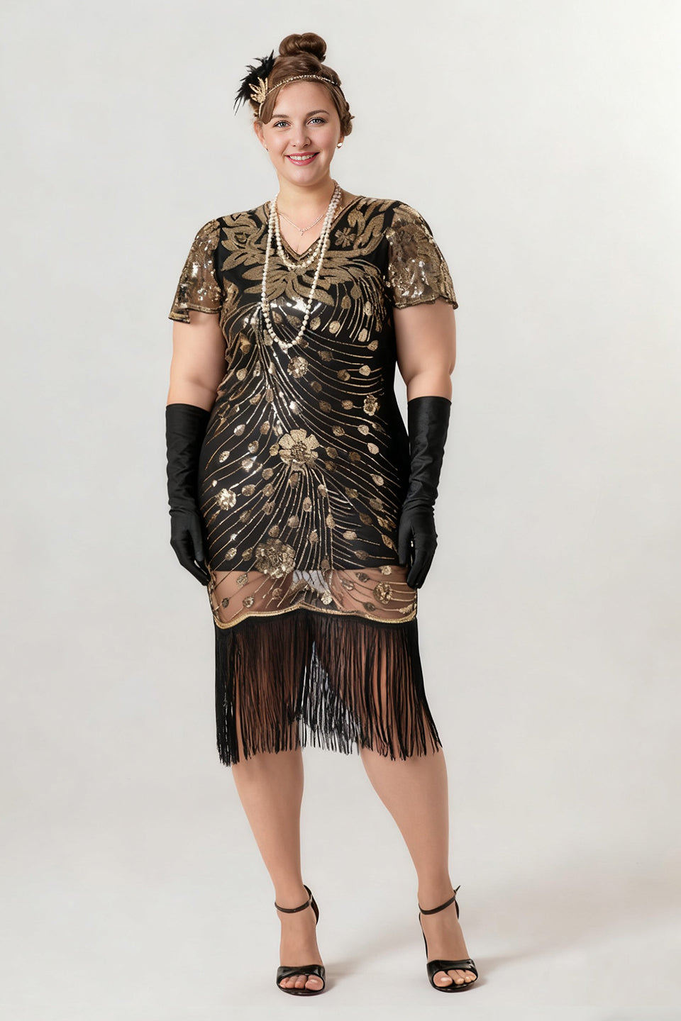 Curveins 1920s Black Ruby Plus Size Retro Sequin Evening Flapper Midi Dress