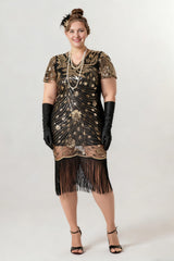 Curveins 1920s Black Ruby Plus Size Retro Sequin Evening Flapper Midi Dress