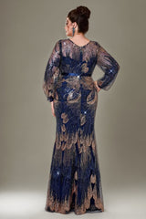 Curveins Plus Size Round Neck Long Sleeve Sequin Fishtail Maxi Dress