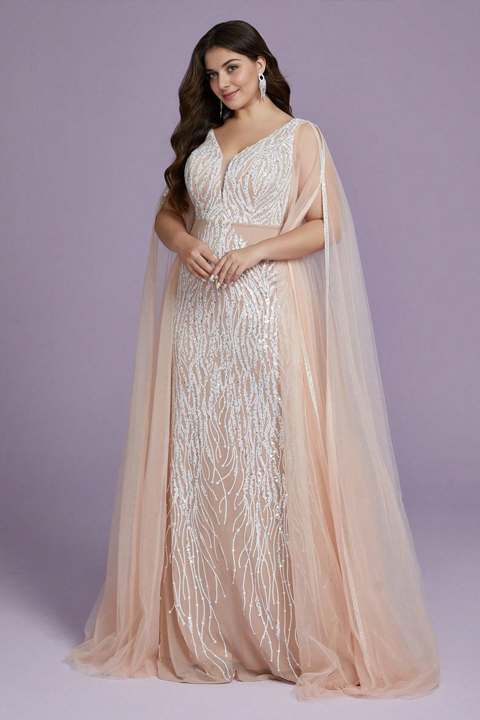 Curveins Plus Size V-Neck Sequin Maxi Dress with Cape Sleeves