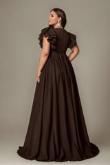 Curveins Plus Size V-Neck Ruffle Sleeve Split A-Line Maxi Dress