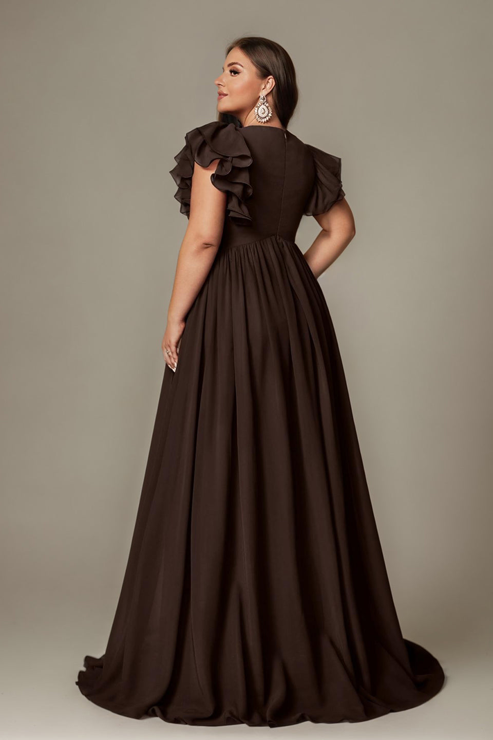 Curveins Plus Size V-Neck Ruffle Sleeve Split A-Line Maxi Dress