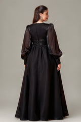 Curveins Plus Size V-Neck Lantern Sleeve Flowy A-Line Maxi Dress