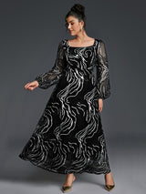 Curveins Plus Size Square Neck Long Sleeve Striped Sequin A-Line Maxi Dress