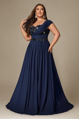 Curveins Plus Size Asymmetric One-Shoulder Sequin Side-Slit Maxi Dress