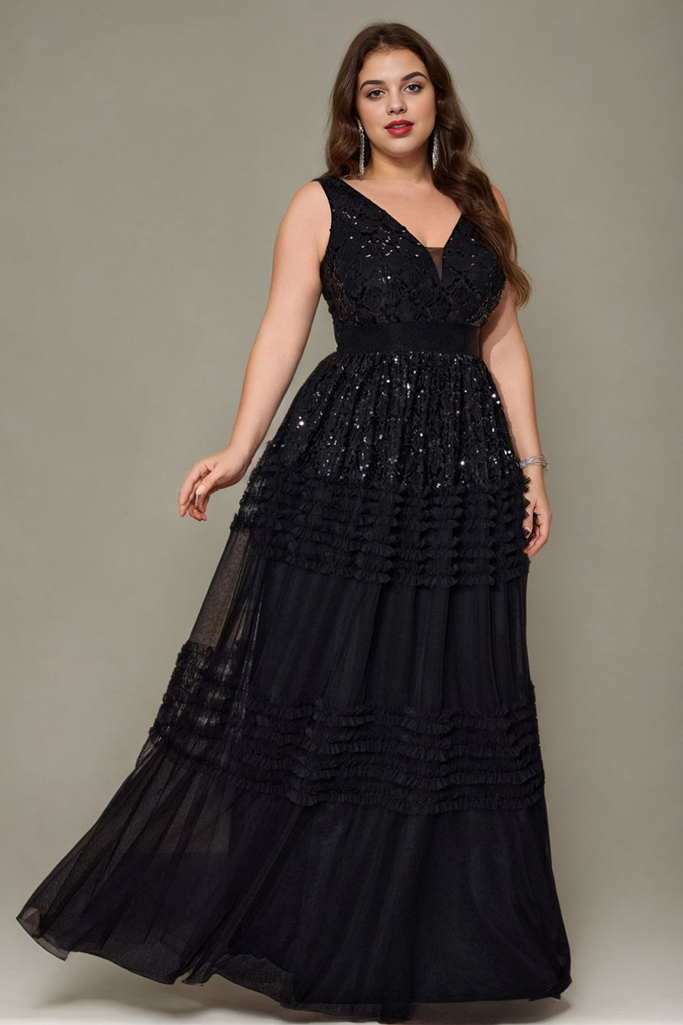 Curveins Plus Size V Neck Sleeveless Ruched Waist Elegant Flowy Maxi Dress
