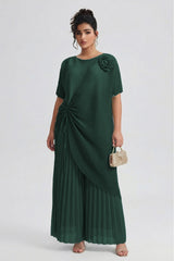 Curveins Plus Size Round Neck Short Sleeve Robe and Wide-Leg Pants Set