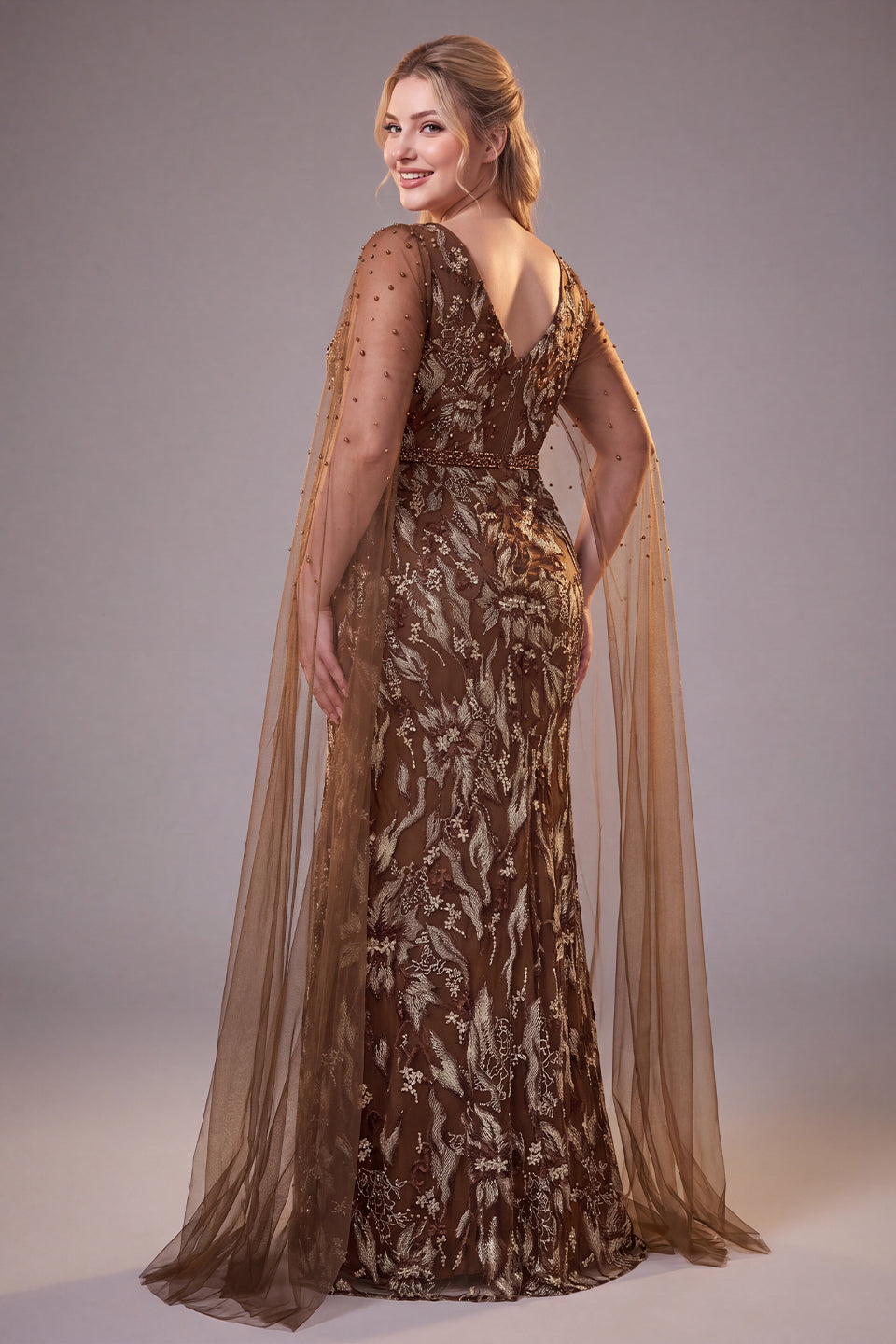 Curveins Plus Size Elegant Round Neck Sequin Floral Pattern Long Sleeve Split Maxi Dress