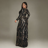 Curveins Plus Size Round Neck Long Sleeve Sexy Sequin Maxi Party Dress