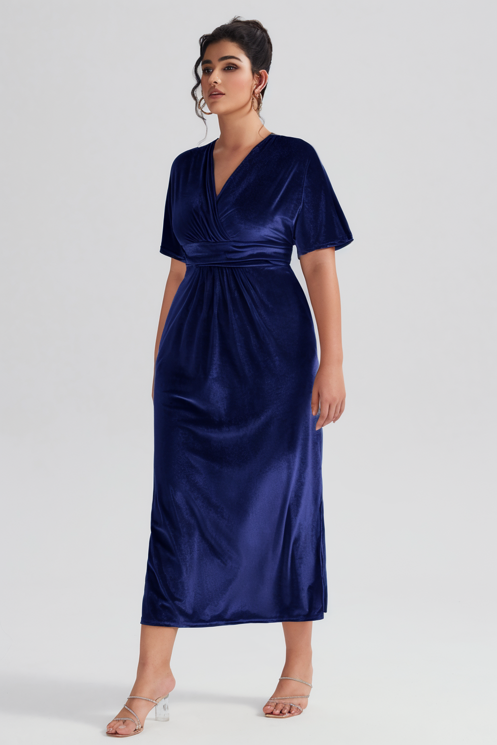 Front view of Curveins Plus Size Navy Blue V-Neck Velvet Maxi Dress featuring a flowy silhouette and elegant short sleeves.