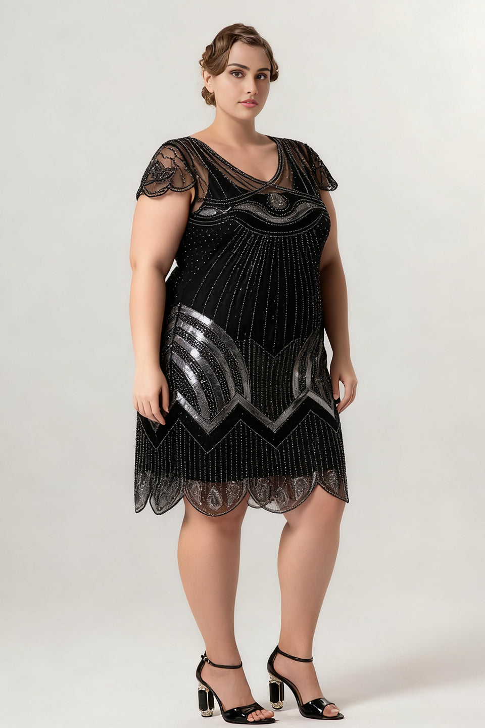 Curveins 1920s Black Pearl Plus Size Vintage Beaded Sequin Flapper Dress