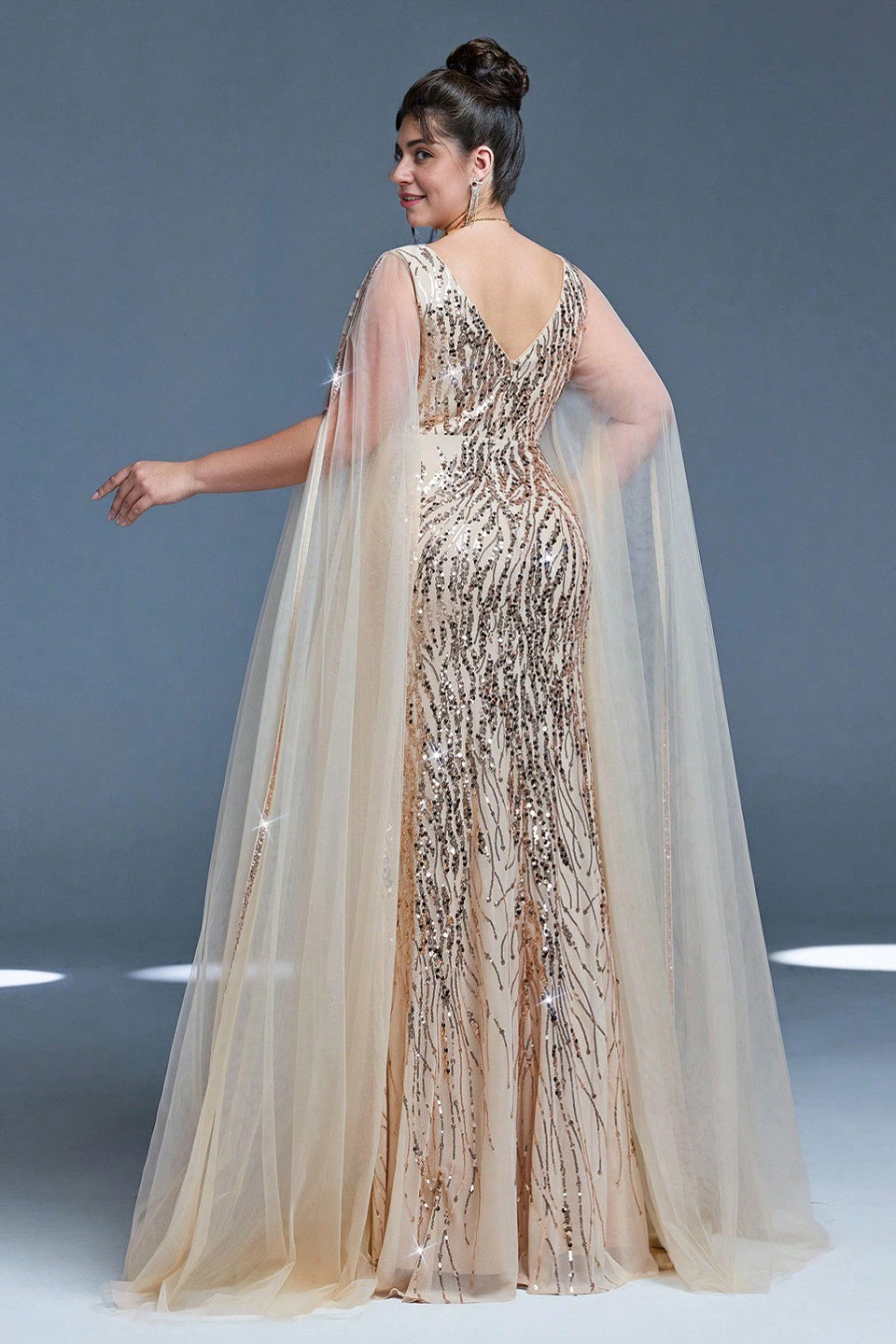 Curveins Plus Size V-Neck Sequin Maxi Dress with Cape Sleeves