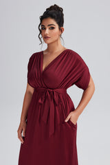 Curveins Plus Size Elastic Waist Shirred V-Neck Wrap Maxi Dress