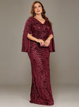 Curveins Plus Size V-Neck Long Sleeves Sequin Floral Bodycon Maxi Dress