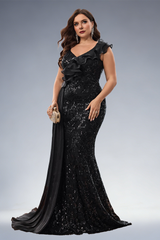 Curveins Plus Size V-Neck Sequin Detail Ruffle Sleeve Body-Fit Maxi Dress