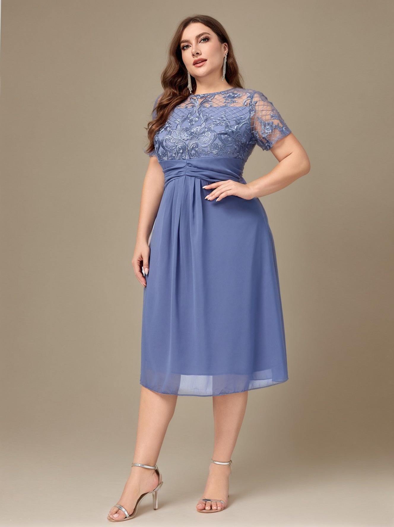 Curveins Plus Size Round Neck Lace Panel Chiffon Midi Dress