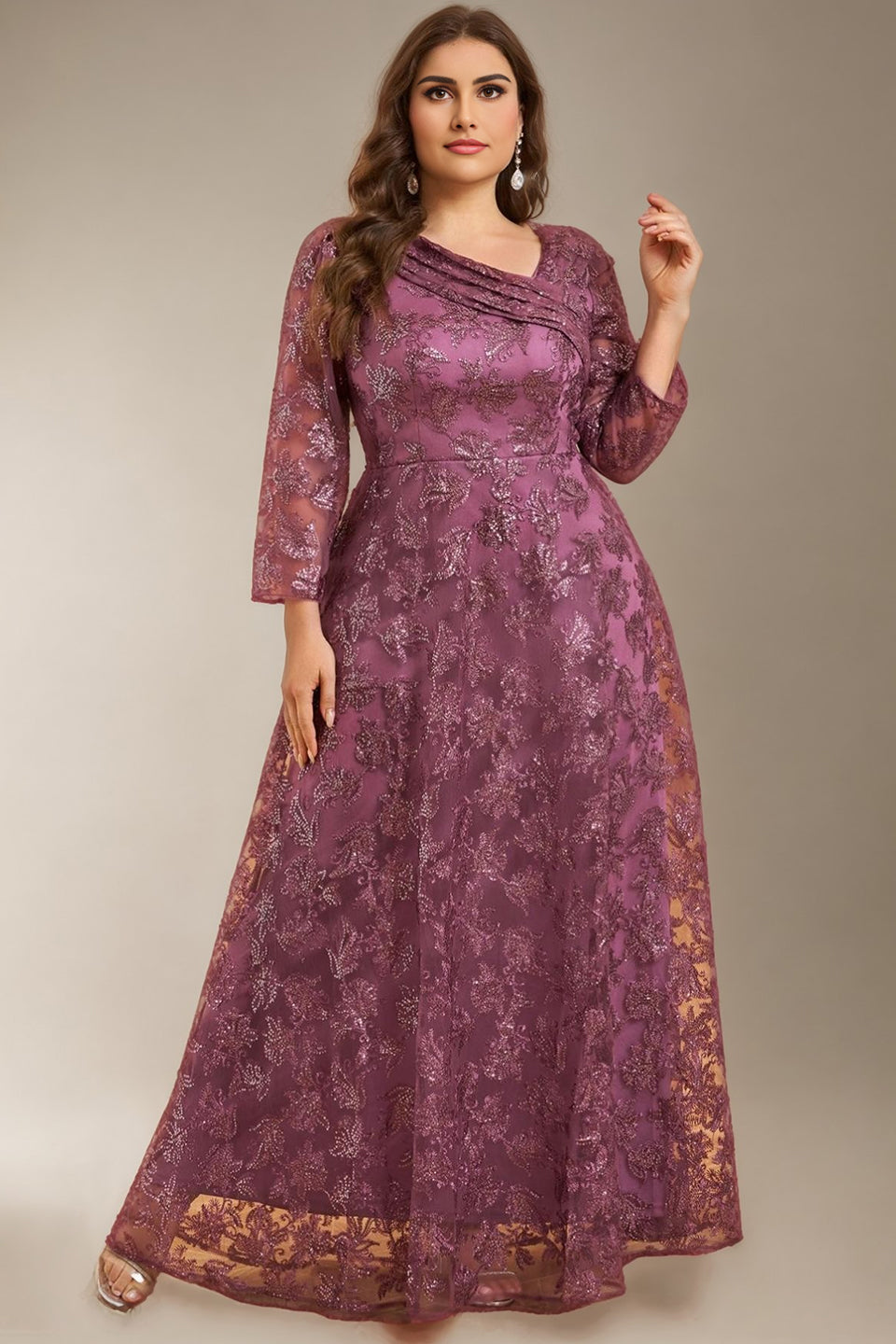 Curveins Plus Size V-Neck Long Sleeve Floral Embroidered Sequin Maxi Dress