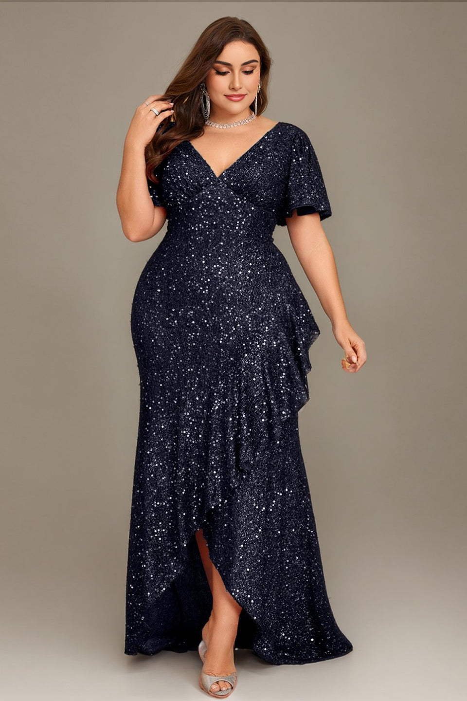 Curveins Plus Size V-Neck Short Sleeve Sequin Ruffle Slit Evening Gown