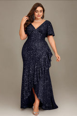 Curveins Plus Size V-Neck Short Sleeve Sequin Ruffle Slit Evening Gown