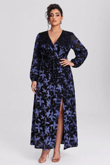 Curveins Plus Size V Neck Long Sleeve Maple Leaf Velvet Waist Tie Maxi Dress