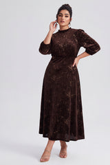 Curveins Plus Size Long Sleeve Velvet Patterned Elegant Flattering Maxi Dress