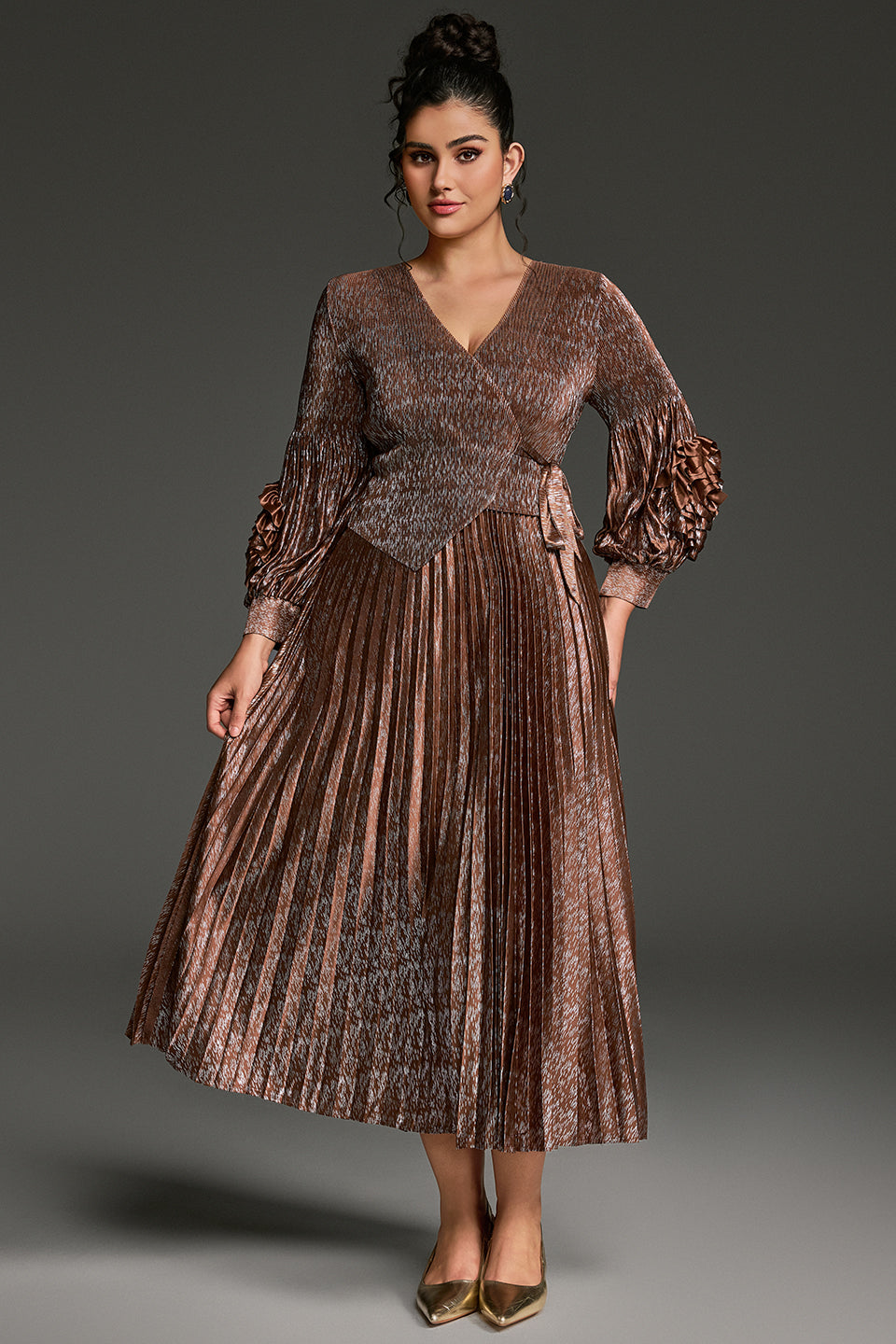 Curveins Plus Size V-Neck Long Sleeve Waist Tie Pleated Maxi Dress