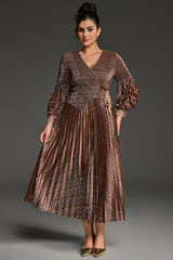 Curveins Plus Size V-Neck Long Sleeve Waist Tie Pleated Maxi Dress