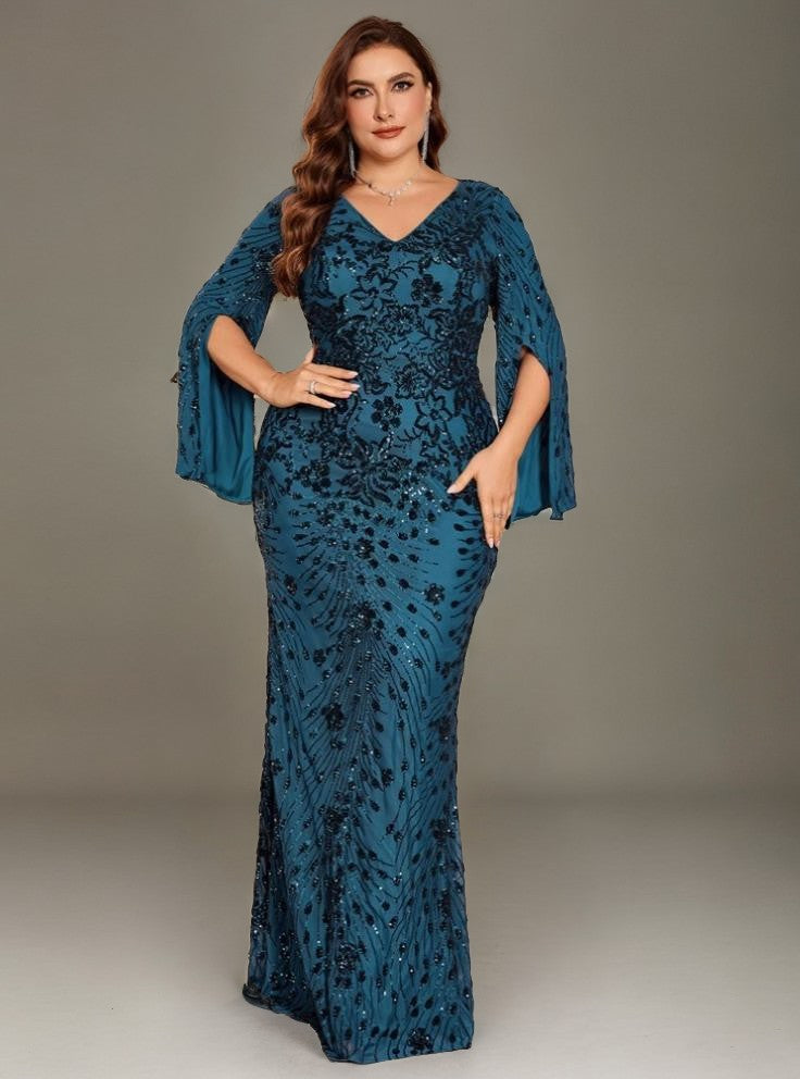 Curveins Plus Size V-Neck Long Sleeves Sequin Floral Bodycon Maxi Dress