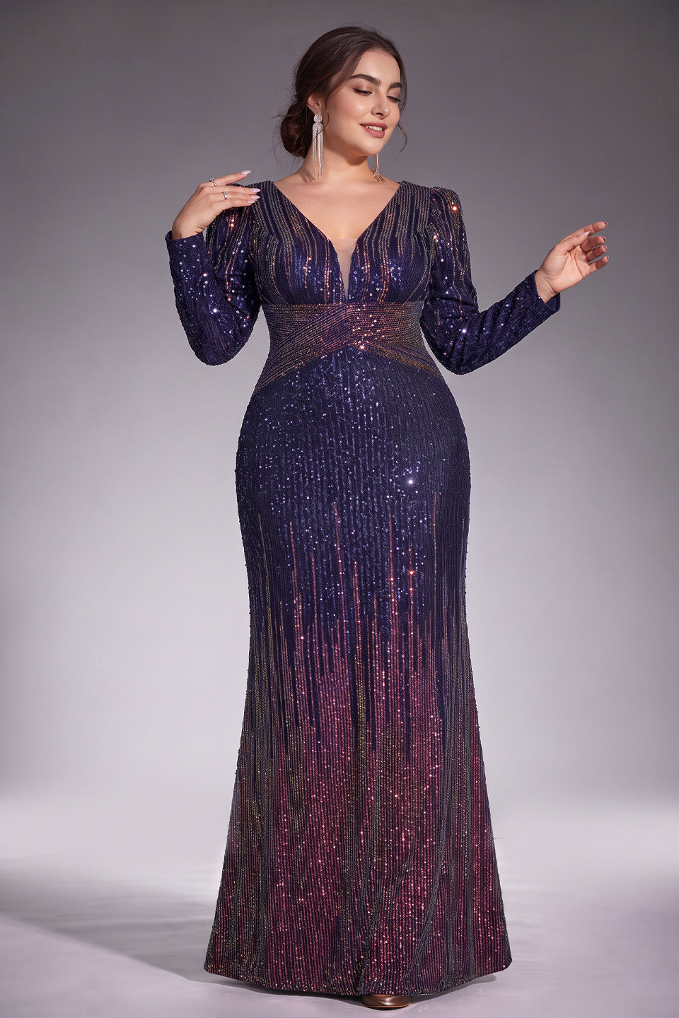 Curveins Plus Size V Neck Long Sleeve Sequin Cinched Waist Bodycon Maxi Dress