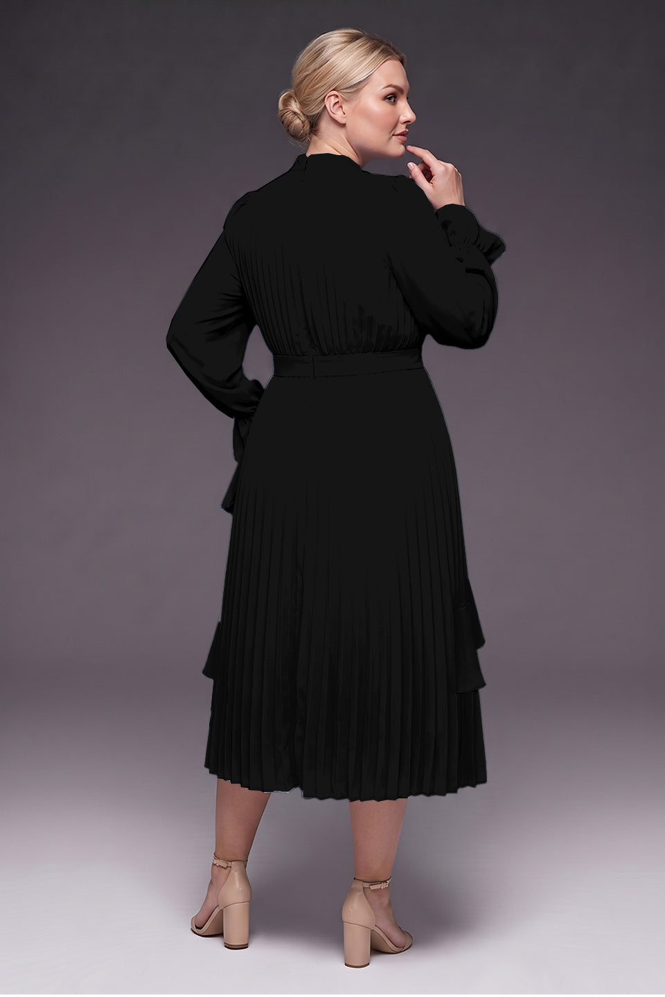 Curveins Plus Size Long Sleeve Ruffle Detail Pleated Asymmetrical Hem Midi Dress