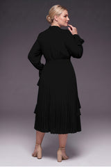 Curveins Plus Size Long Sleeve Ruffle Detail Pleated Asymmetrical Hem Midi Dress