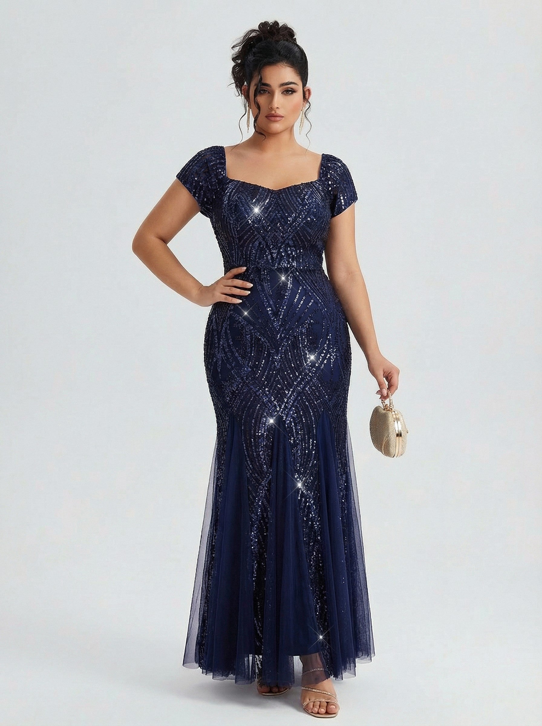 Curveins Plus Size Square Neck Short Sleeve Sequin Bodycon Maxi Dress