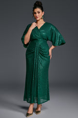 Curveins Plus Size Solid Color V-Neck High Waist Sequin Maxi Dress