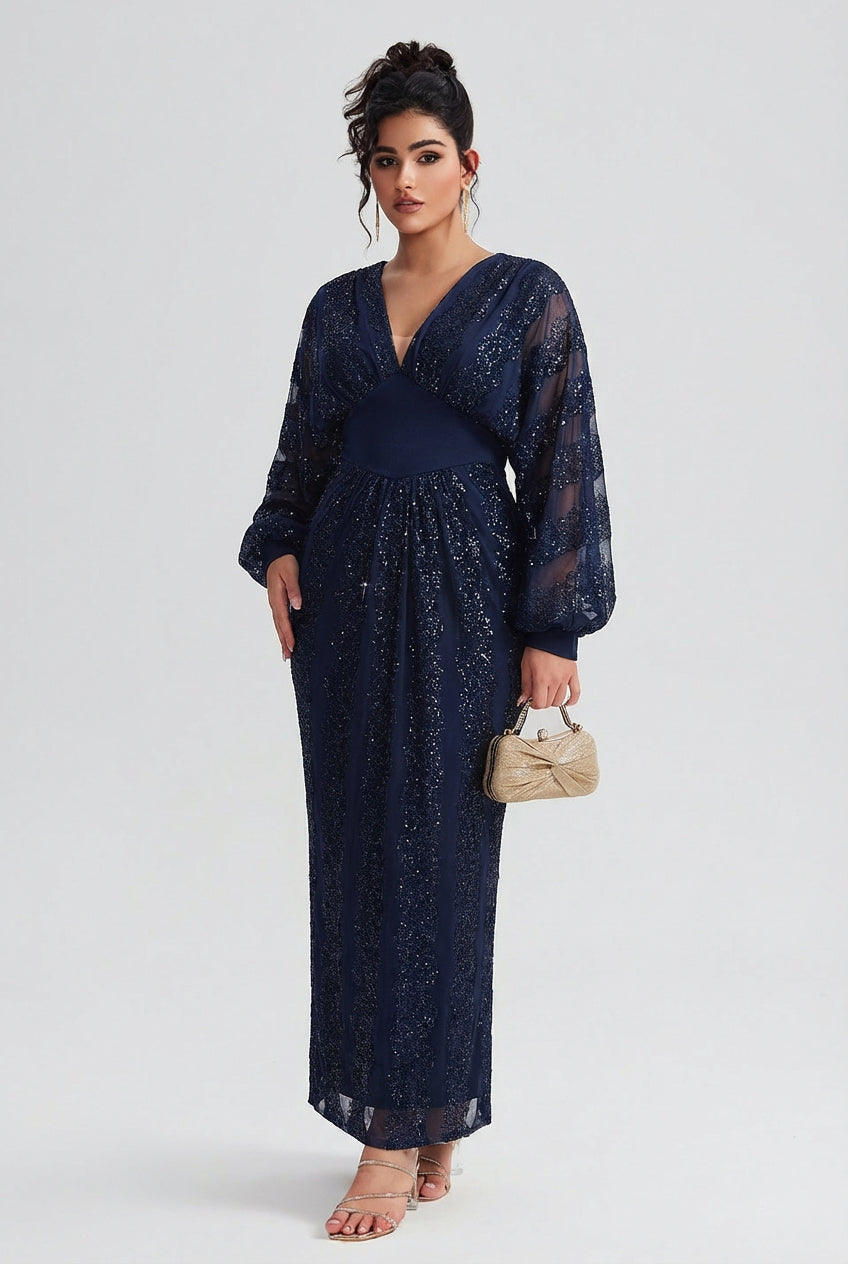 Curveins Plus Size V-Neck Sequin Balloon Sleeve Back-Slit Elegant Evening Maxi Dress