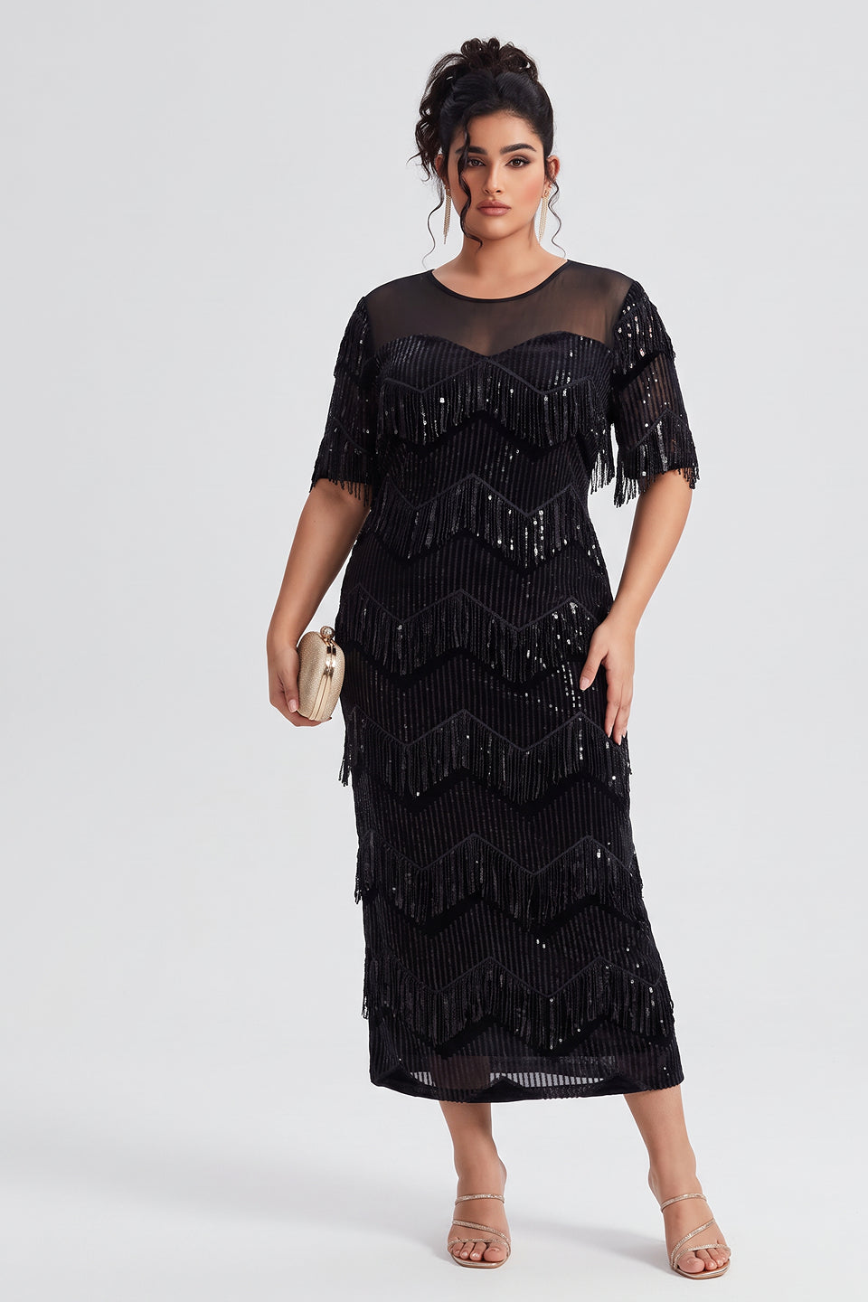 Curveins Plus Size Crew Neck Short Sleeve Sequin Fringe Velvet Maxi Dress