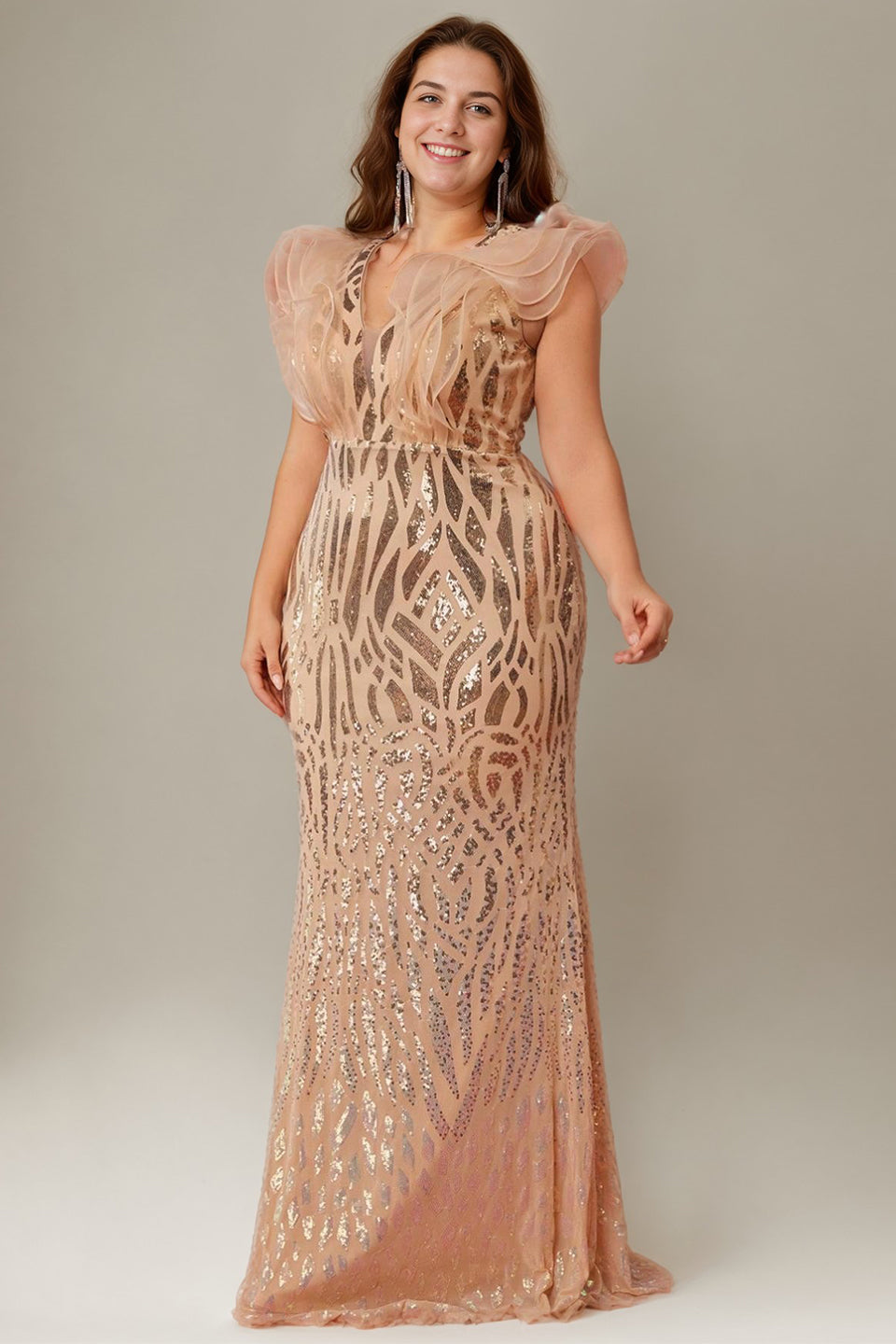 Curveins Elegant Curve Hugging V Neck Sleeveless Sequin Evening Gown