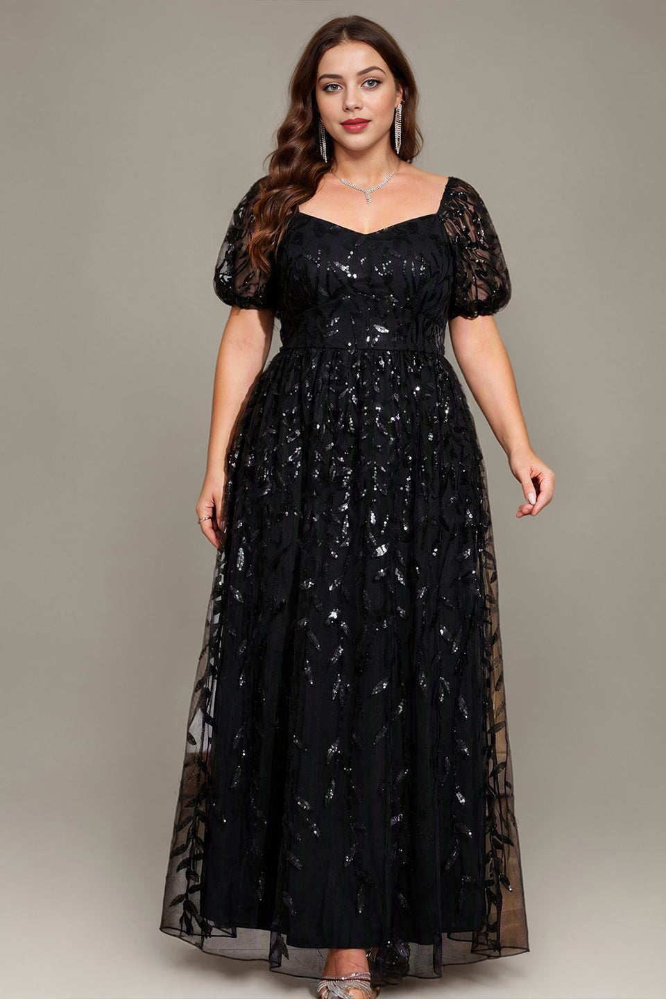 Curveins Plus Size Short Sleeve Embroidered Sequin Puff Sleeve Elegant Maxi Dress
