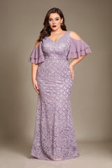 Curveins Plus Size V-Neck Long Sequin Mermaid Bodycon Maxi Dress