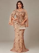 Curveins Plus Size V-Neck Long Sleeves Sequin Floral Bodycon Maxi Dress