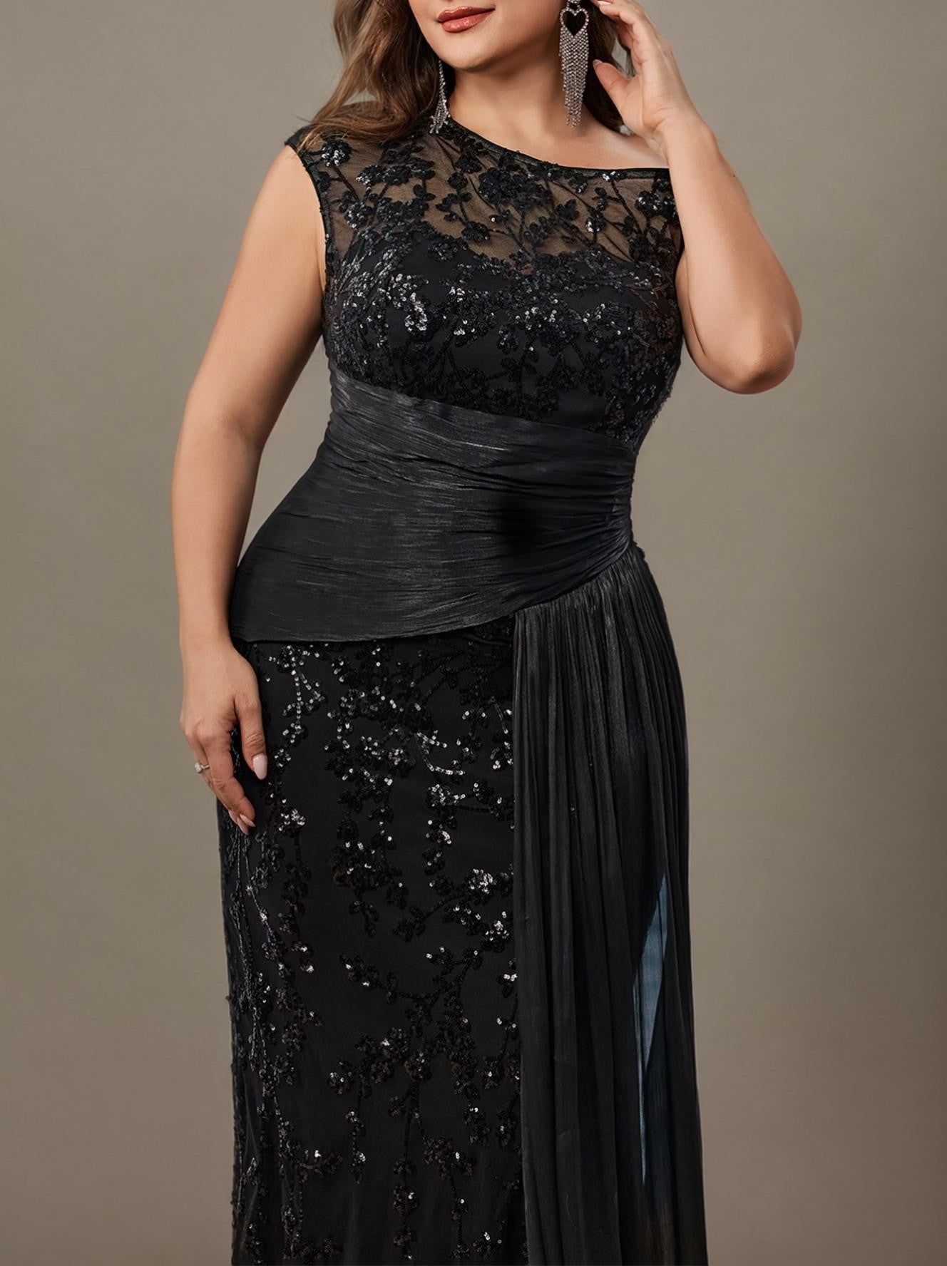 Curveins Plus Size One Shoulder Sleeveless Embroidered Sequin Patchwork Bodycon Maxi Dress