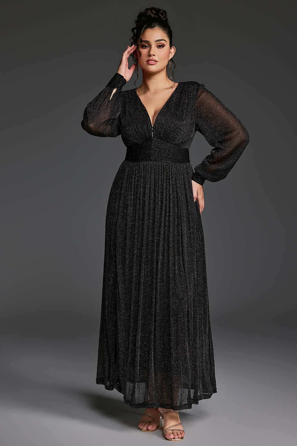 Curveins Plus Size V-Neck Lantern Sleeve Slit Hem Maxi Dress