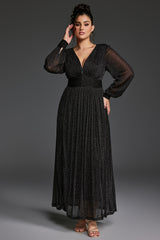 Curveins Plus Size V-Neck Lantern Sleeve Slit Hem Maxi Dress