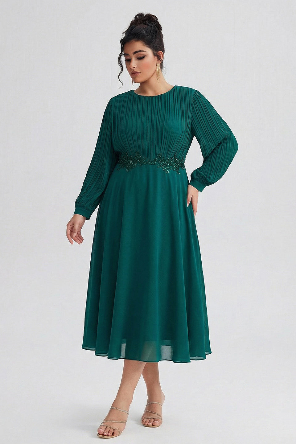 Curveins Plus Size Crew Neck Long Sleeve Pleated Midi Dress