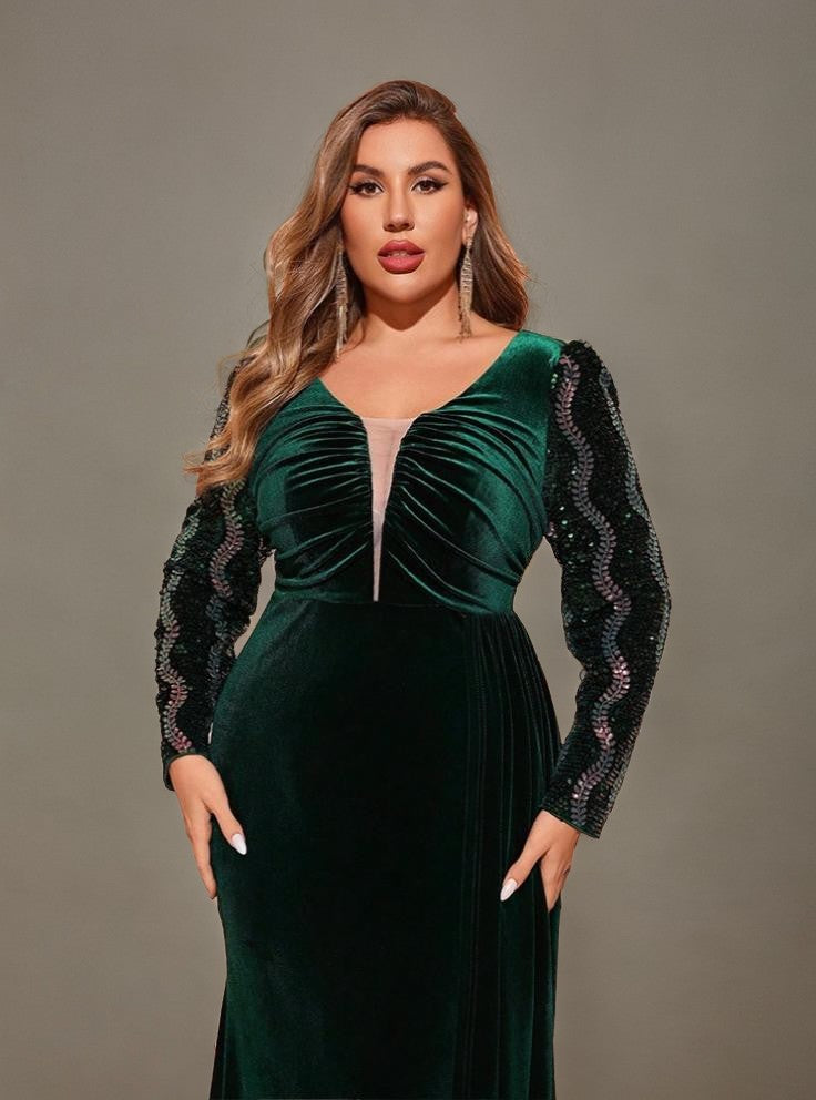 Curveins Plus Size Velvet Sequin V-Neck Long Sleeve Bodycon Maxi Dress