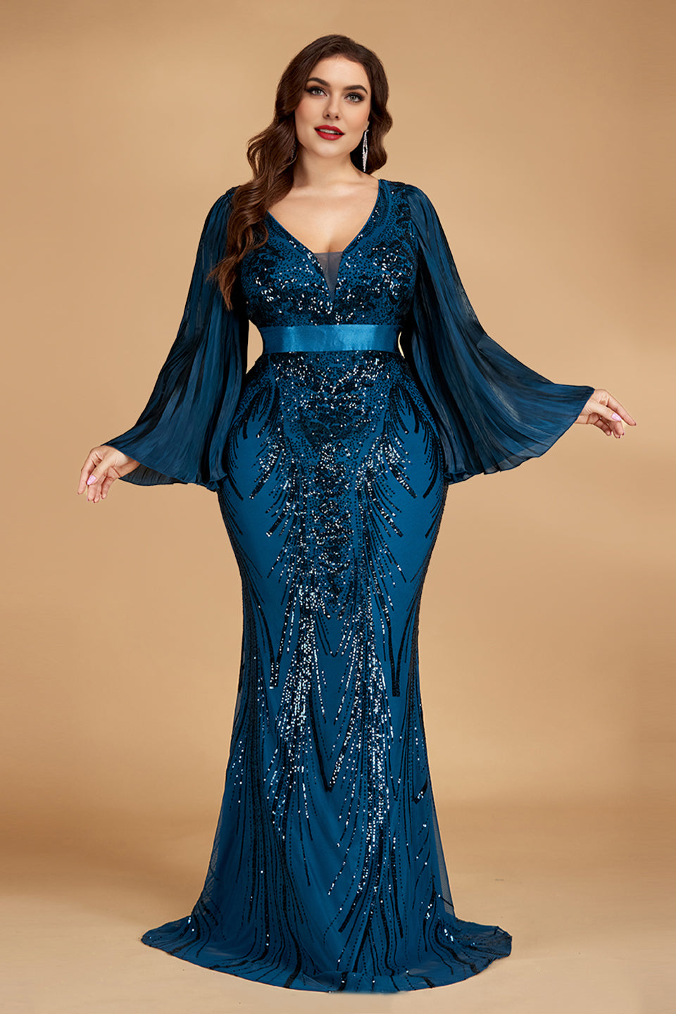 Curveins Plus Size V-Neck Flared Sleeve Shimmer Bodycon Maxi Dress